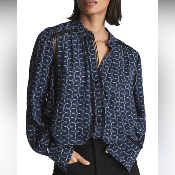 KALISA PRINT CHAIN PRINT SATIN BLOUSE IN NAVY size Medium - Picture 1 of 11
